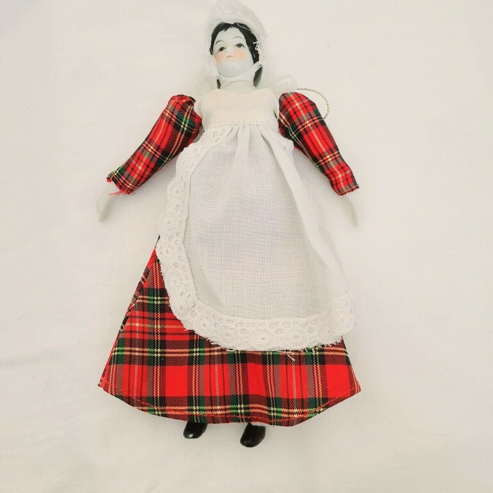 Vtg porcelain country doll ornament Christmas plaid dress‎ cottagecore country